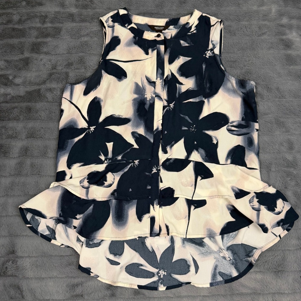 Simply Vera Vera Wang Navy Blue Floral Sleeveless Peplum Blouse Medium 15268